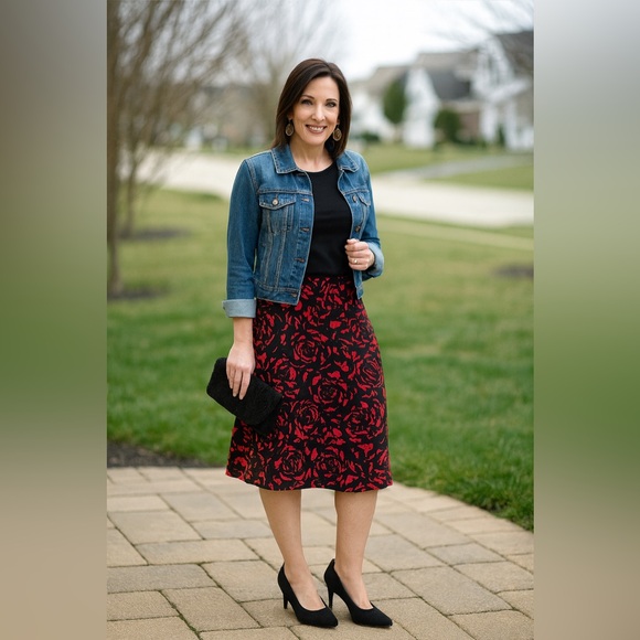 George Dresses & Skirts - George Red & Black Rose Print A-Line Skirt – XL (16–18)